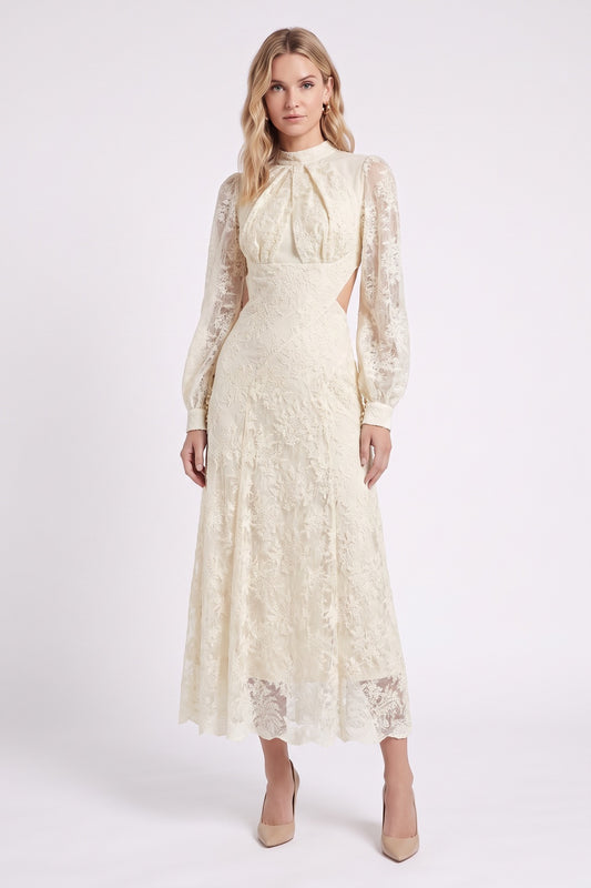 Cream Floral Lace A-Line Midi Dress cream floral lace dress - product view 1