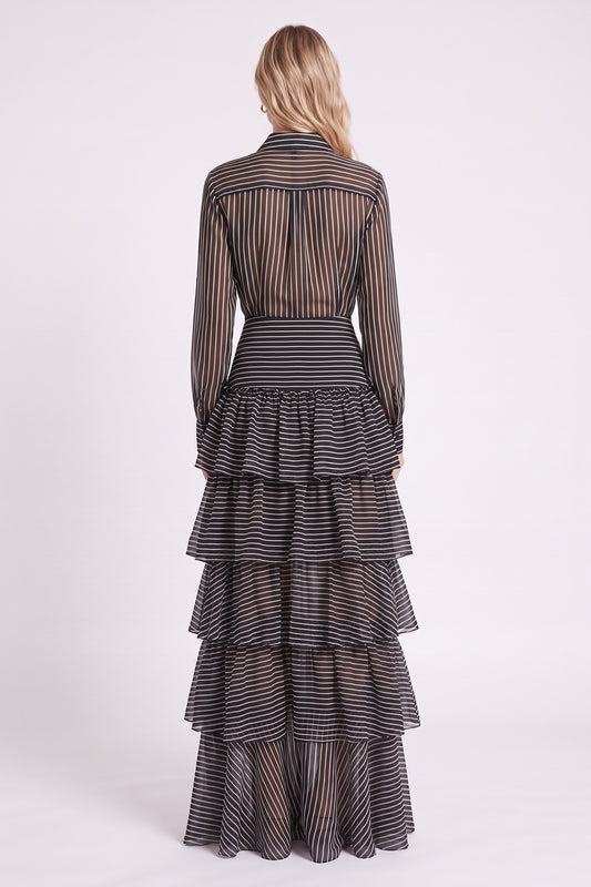 Black Sheer Chiffon Two-Piece Matching Set with Asymmetrical Tiered Skirt black, white sheer chiffon or organza two-piece matching set (shirt and skirt) - product view 3