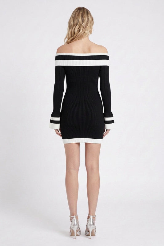 Black Ribbed Knit Off-Shoulder Bodycon Dress black ribbed knit dress - product view 3
