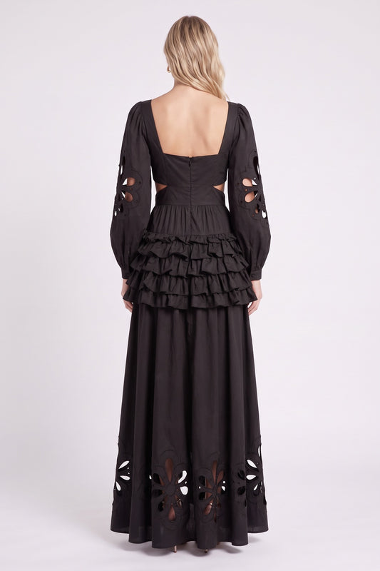 Black Floral Cut-Out Tiered Ruffle Maxi Dress Premium Fabric - product view 9
