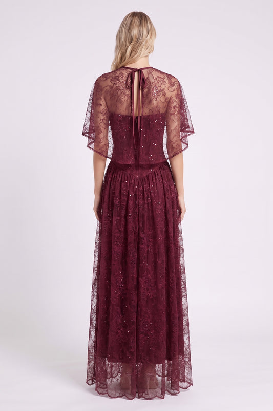 Burgundy Floral Lace A-Line Maxi Dress with Capelet Overlay burgundy floral lace maxi dress with capelet overlay - product view 3