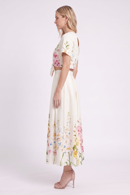 Cream Floral Two-Piece Co-Ord Set with Tie-Knot Crop Top and Pleated Midi Skirt cream, off-white structured woven cotton or polyester blend two-piece co-ord set - product view 5