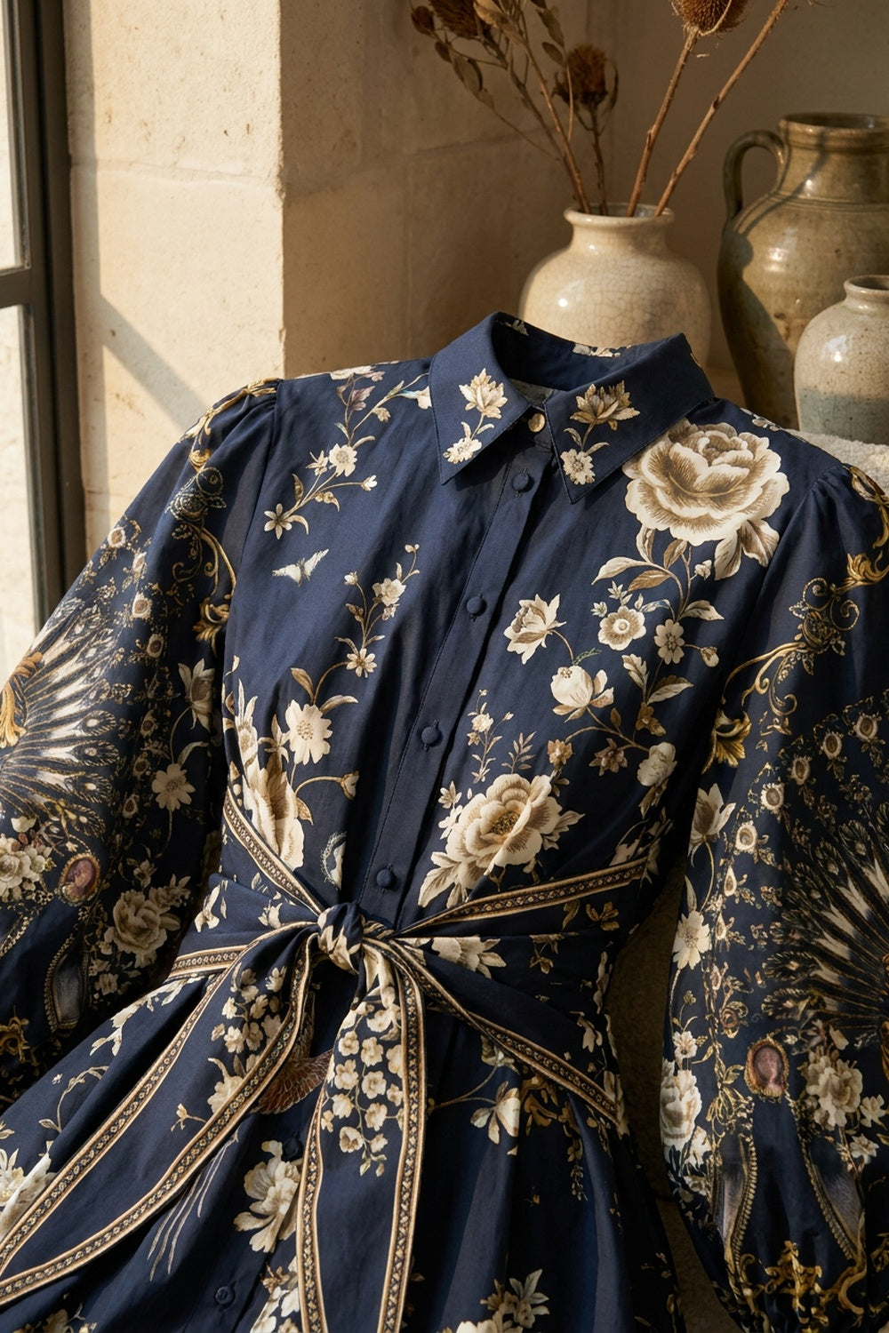Navy Blue Baroque Print Fit-and-Flare Shirt Dress navy blue structured cotton poplin shirt dress - product view 7