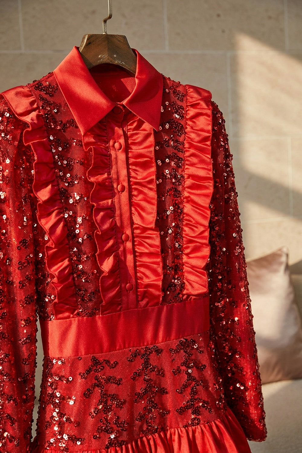 Red Sequined Mesh Tiered A-Line Gown red sequined mesh gown - product view 7