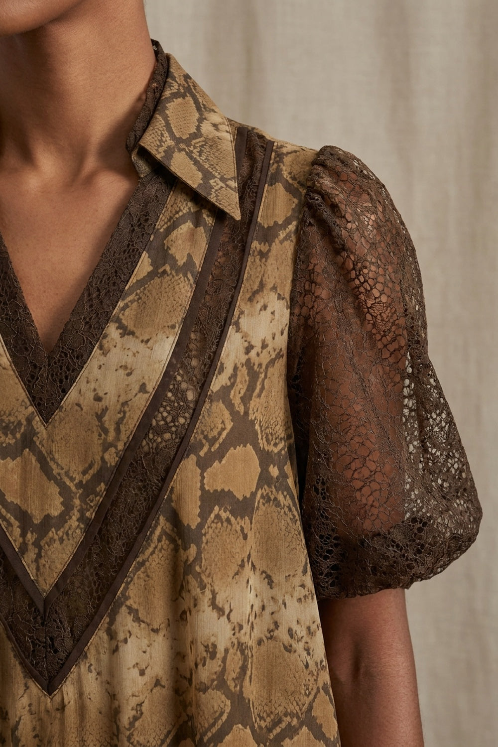 Beige Chiffon A-Line Asymmetric Tiered Snakeskin Midi Dress beige, brown, tan chiffon dress - product view 7