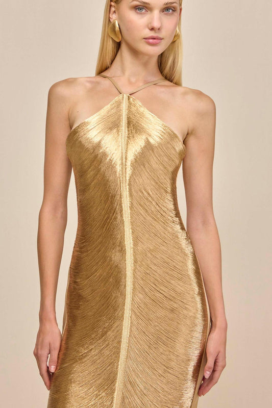 Veroty Halter Fringe Maxi Dress - Gold