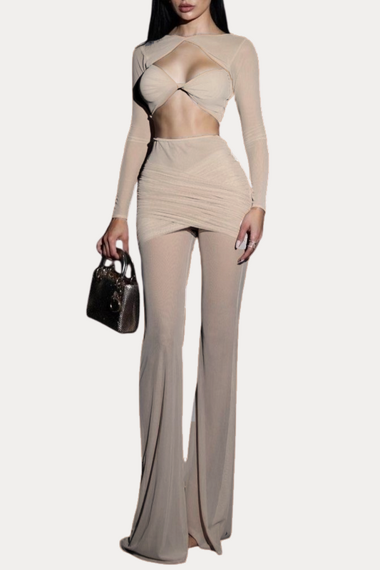 Selka Twisted Mesh Pants Set - Beige