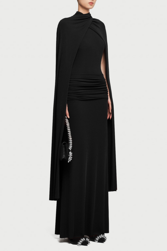 Amalia Ruched Shawl Maxi Dress - Black