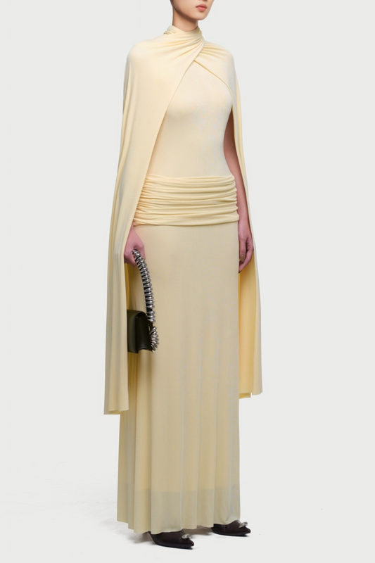 Amalia Ruched Shawl Maxi Dress - Yellow