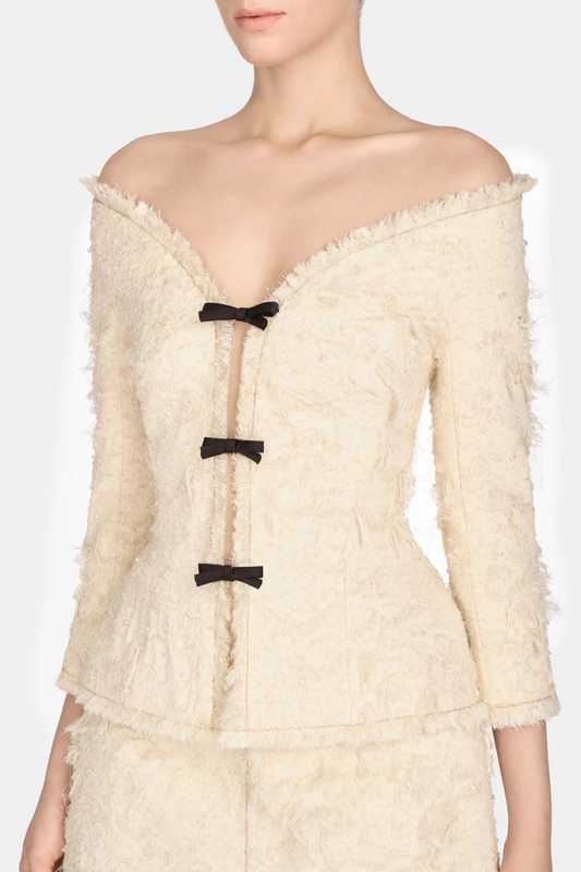 Arife Off Shoulder Bow Crystal Embellished Blazer Two Piece Set - Beige