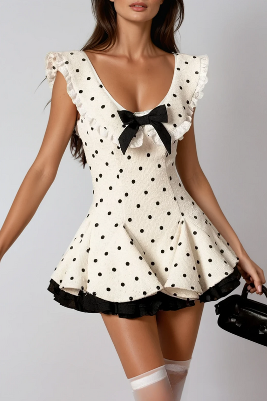 Arlo Dot Bow Lace Ruffle Mini Dress