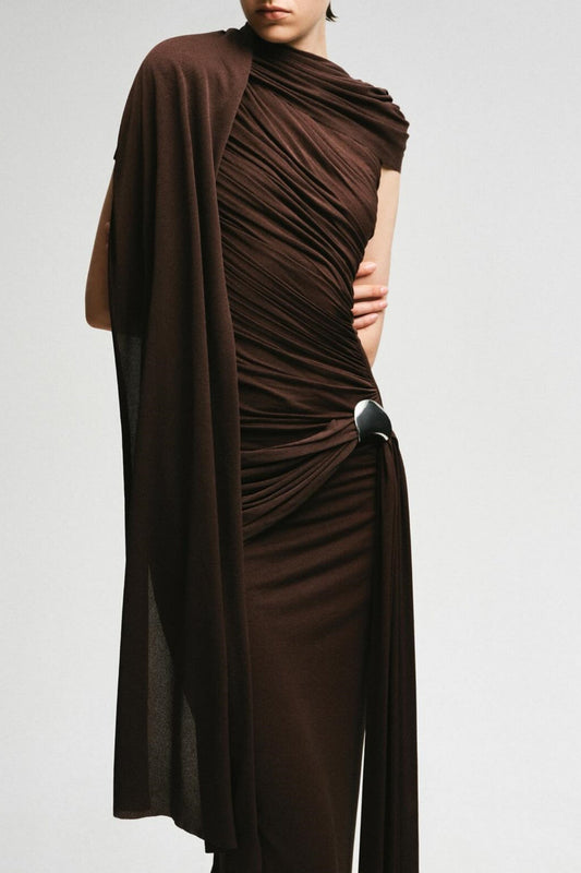 Betsey Asymmetrical Sleeveless Ruched Maxi Dress - Brown