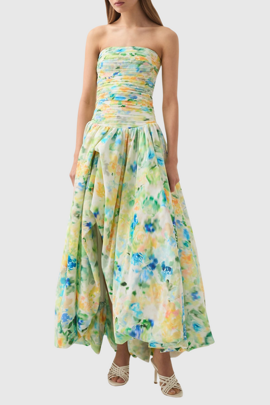Coleka Floral Print Strapless Ruched Maxi Dress - Green