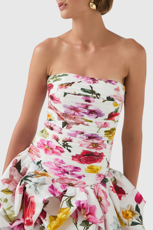 Coleka Floral Print Strapless Ruched Mini Dress - Floral pink