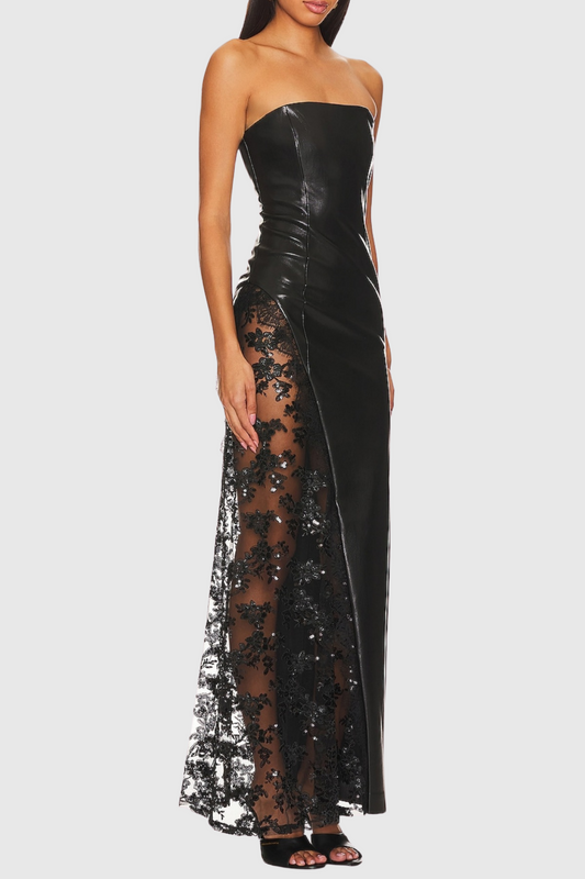 Damien Faux Leather Strapless Lace Maxi Dress