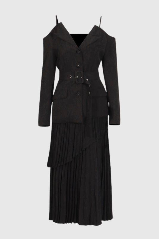Eira Off Shoulder Blazer & Pleated Midi Skirt Set - Black