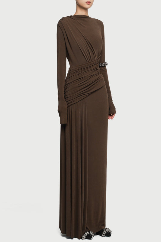 Fiada Draped Long Sleeve Maxi Dress - Brown