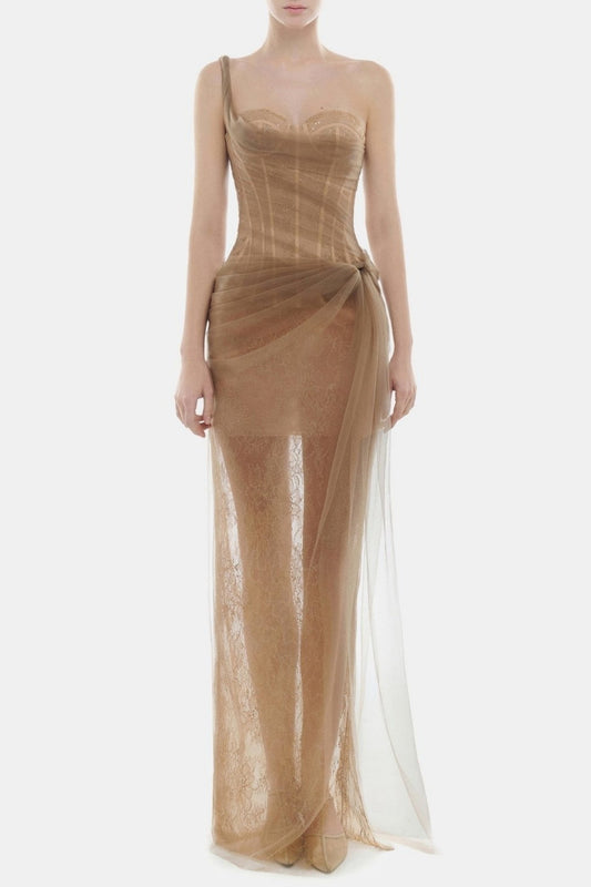 Inina Lace Corset One Shoulder Maxi Dress - Brown
