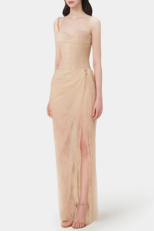 Inina Lace Corset One Shoulder Midi Dress - Beige