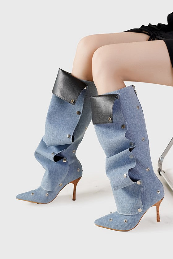 Isabela Appliqué Ruched Denim Knee-high boots - Blue