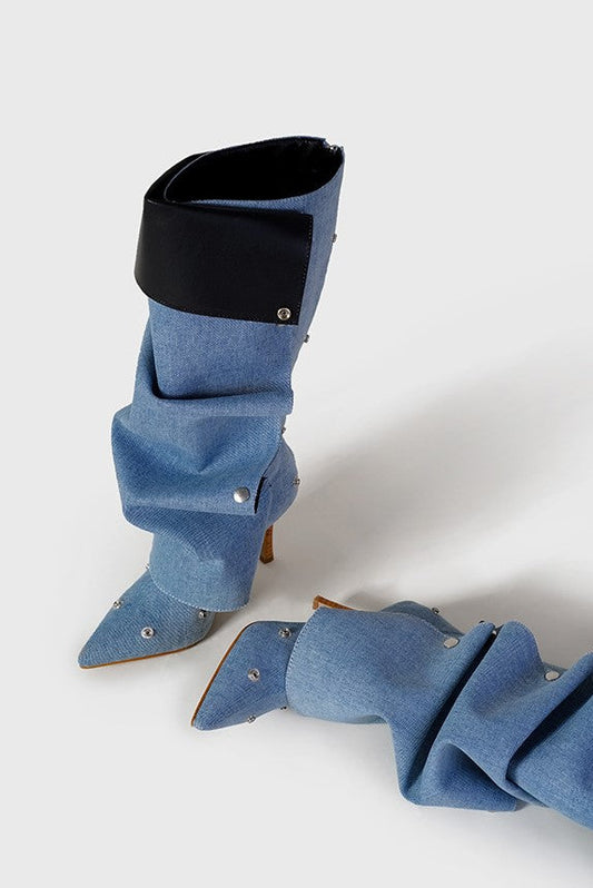 Isabela Appliqué Ruched Denim Knee-high boots - Blue