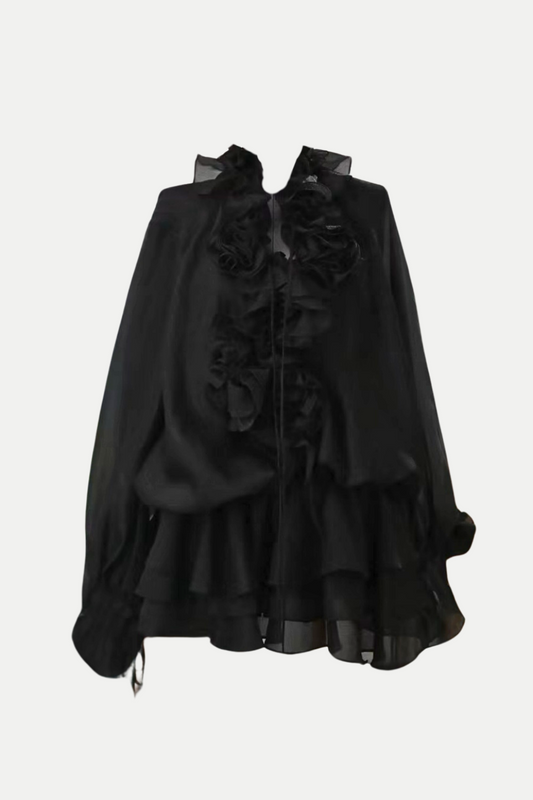 Jaketta Flower Ruffle Mini Dress - Black