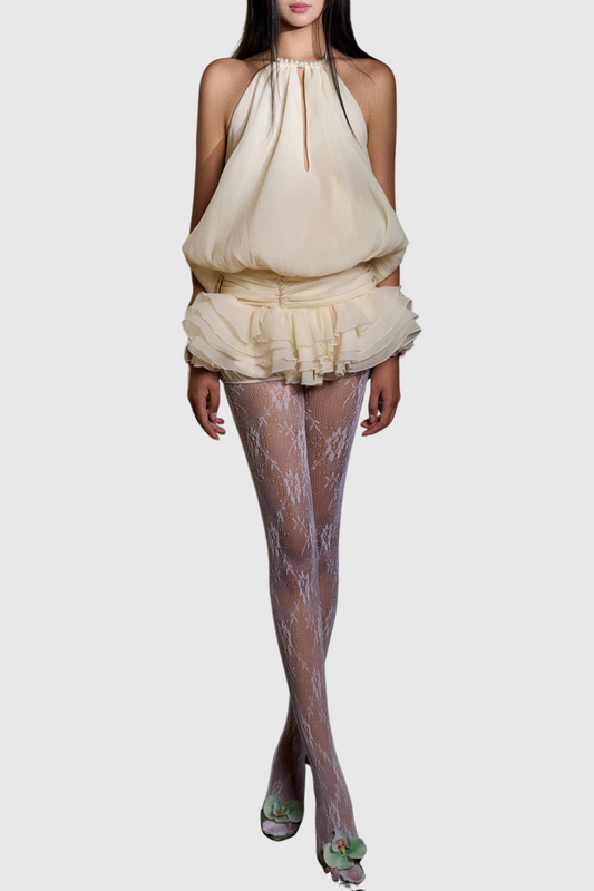 Gaiwan Halter Pearl Ruffle Mini Dress