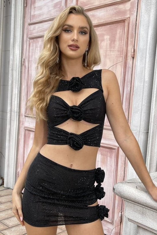 Khloe Crystal Flower Two Piece Set - Black
