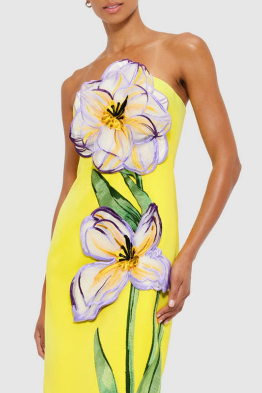 Mimoza Floral Appliqué Strapless Midi Dress - Yellow