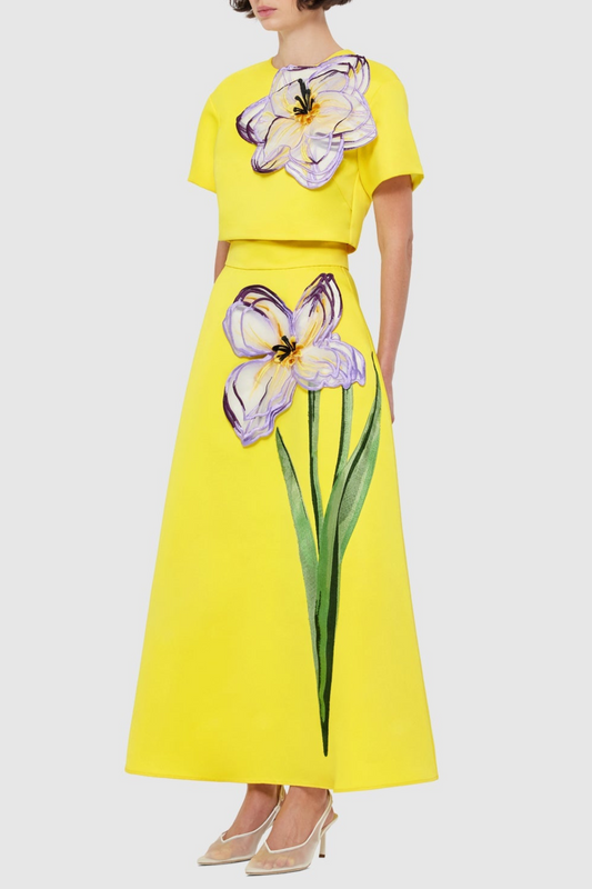 Mimoza Floral Appliqué Two Piece Set - Yellow