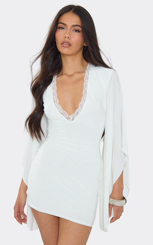 White Lace-Trim Mini Dress with Flowing Kimono Sleeves Premium Fabric - product view 1