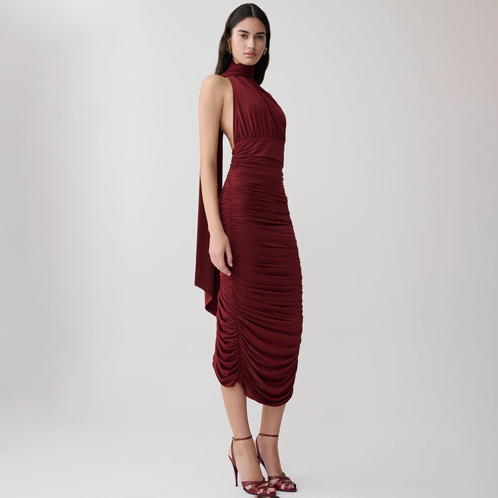 Burgundy Ruched Halter Midi Dress Premium Fabric - product view 4