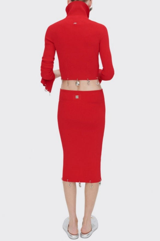 Ortiza Metal Embellished Knit Top & Midi Skirt Set - Red