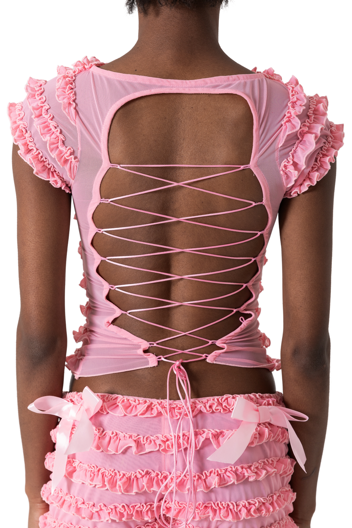 Raven Ruffle Backless Lace Up Set - Pink