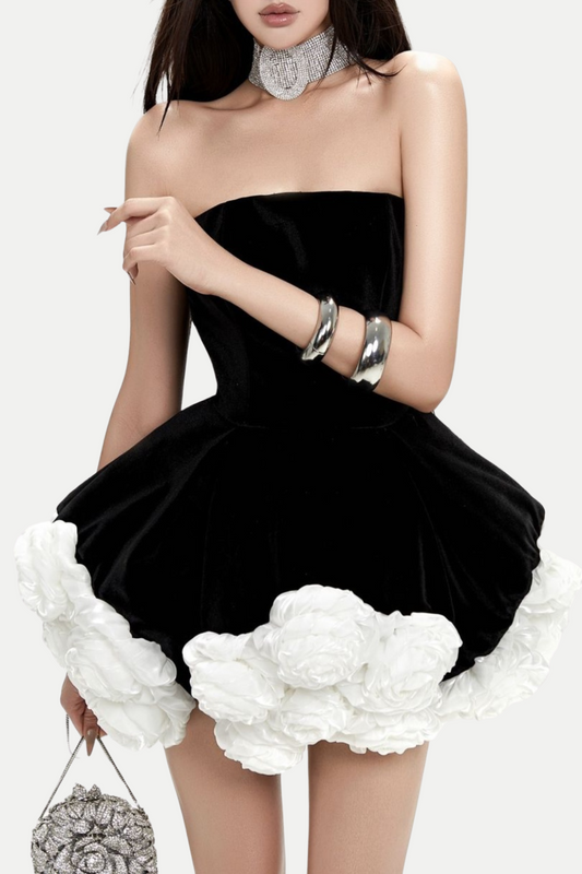 Sebast Flower Strapless Velvet Mini Dress - Black