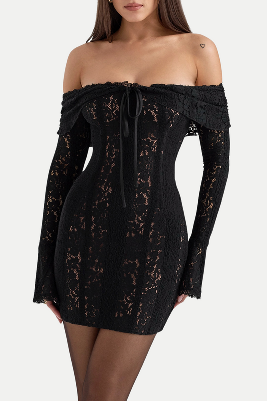 Tleta Lace Off Shoulder Mini Dress - Black