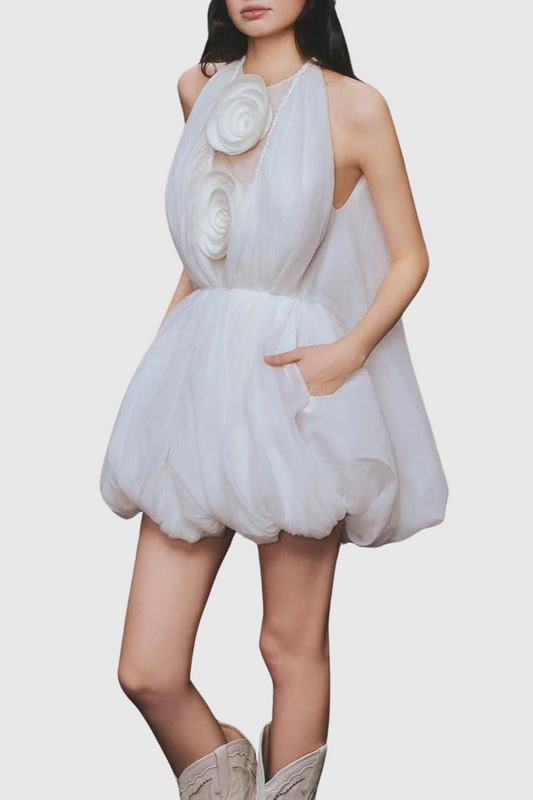 Tlora Floral Applique Halter Puffy Mini Dress