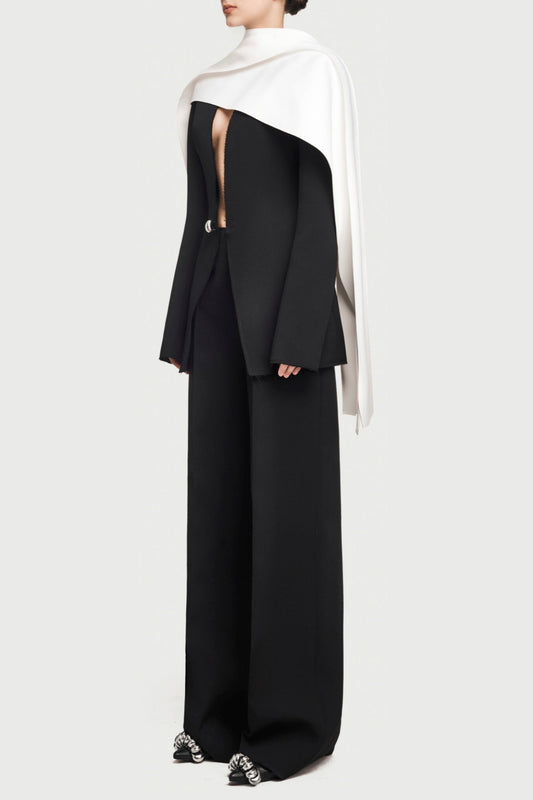 Tyanne Asymmetrical Shoulder Pleat Blazer Two Piece Set - Black