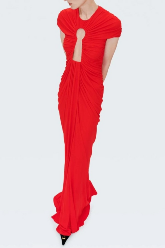 Viceroy Keyhole Mesh Ruched Maxi Dress - Red