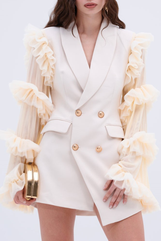Viha Ruffle Sleeve Blazer Mini Dress - Beige