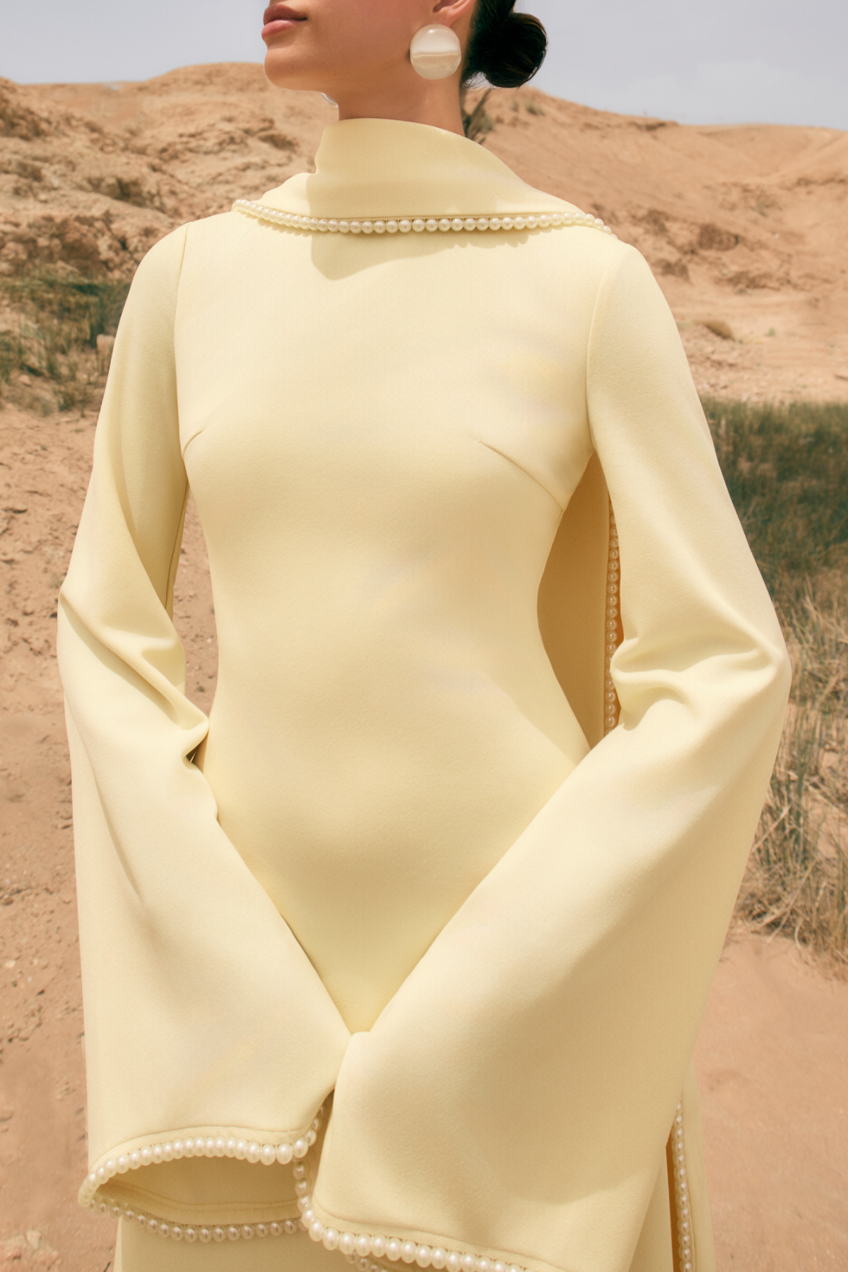 Zisel Pearl Trim Shawl Maxi Dress - Yellow