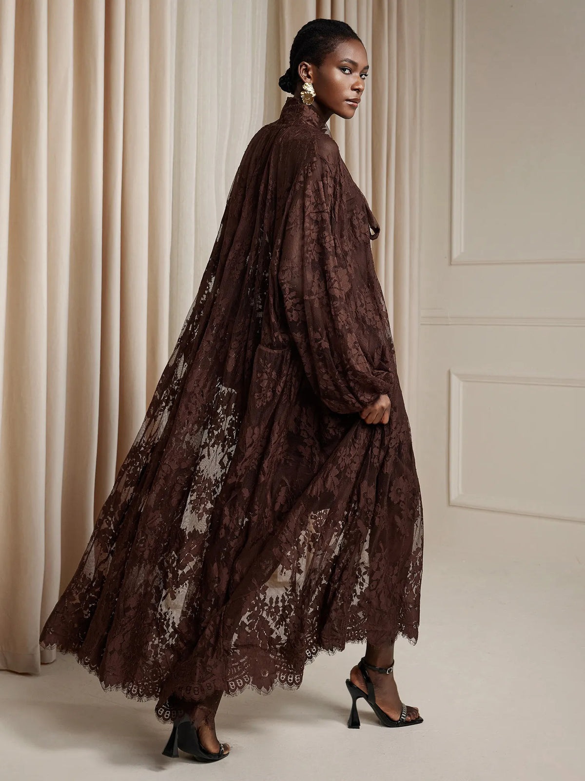 Brown Printed Sheer Maxi Dress