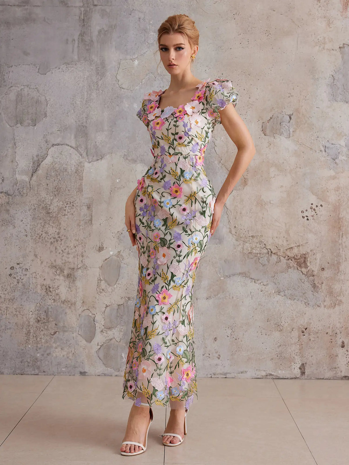 Mesh Maxi Dress with Colorful Floral Embroidery