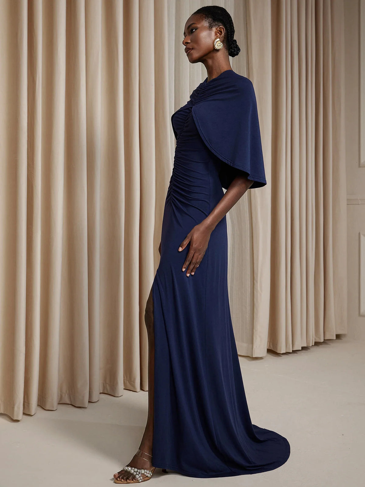 Wrap-around pleated fitted Maxi dress