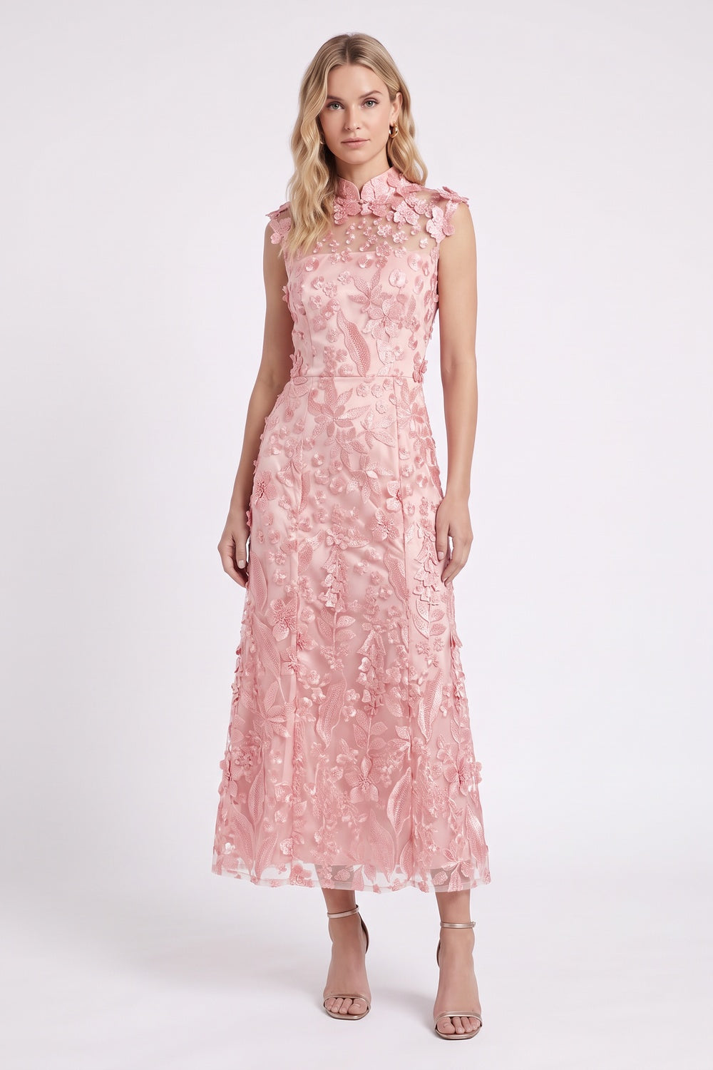 Pink Tulle Overlay A-Line Midi Dress pink tulle overlay dress - product view 1