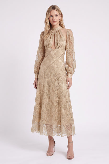 Beige Floral Lace A-Line Midi Dress beige, champagne floral lace dress - product view 1