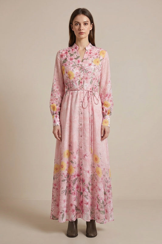 Light Pink Semi-Sheer Floral A-Line Maxi Dress light pink lightweight semi-sheer woven dress - product view 1