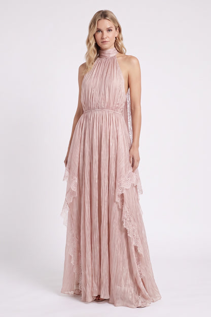 dusty pink crinkled chiffon a-line dress dusty pink crinkled chiffon dress - product view 1
