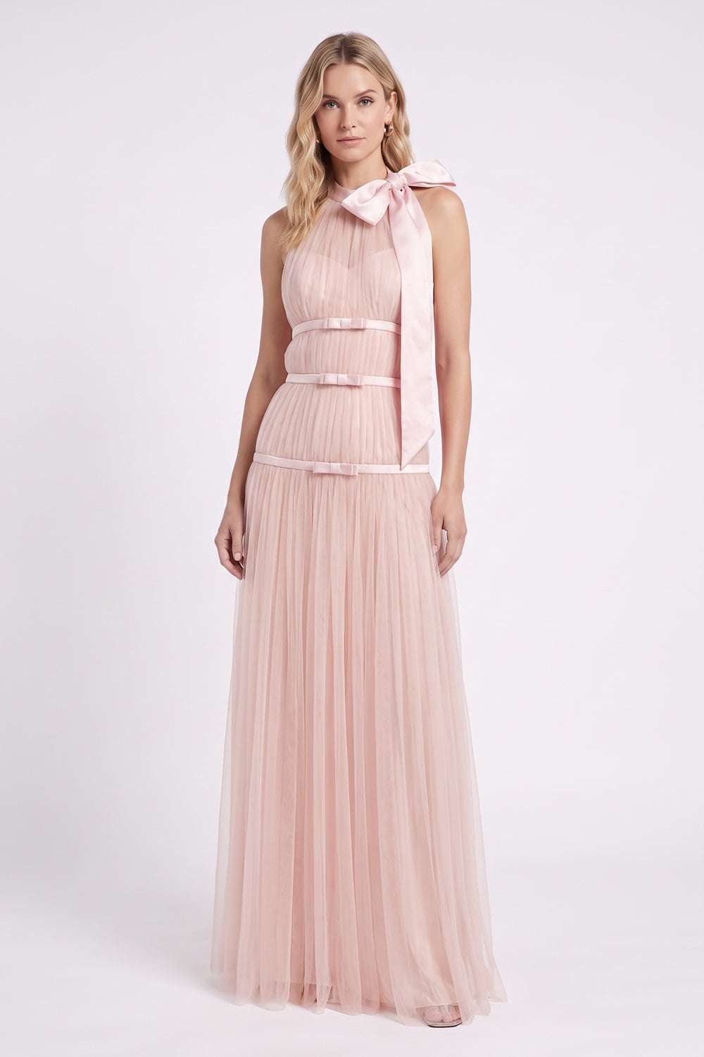 Light Pink Tulle A-Line Maxi Gown with Halter Bow Detail light pink tulle gown - product view 1