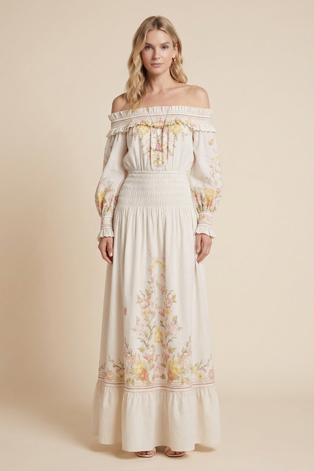 Cream A-Line Maxi Dress with Off-the-Shoulder Smocked Detail cream lightweight woven cotton or linen blend dress - product view 1
